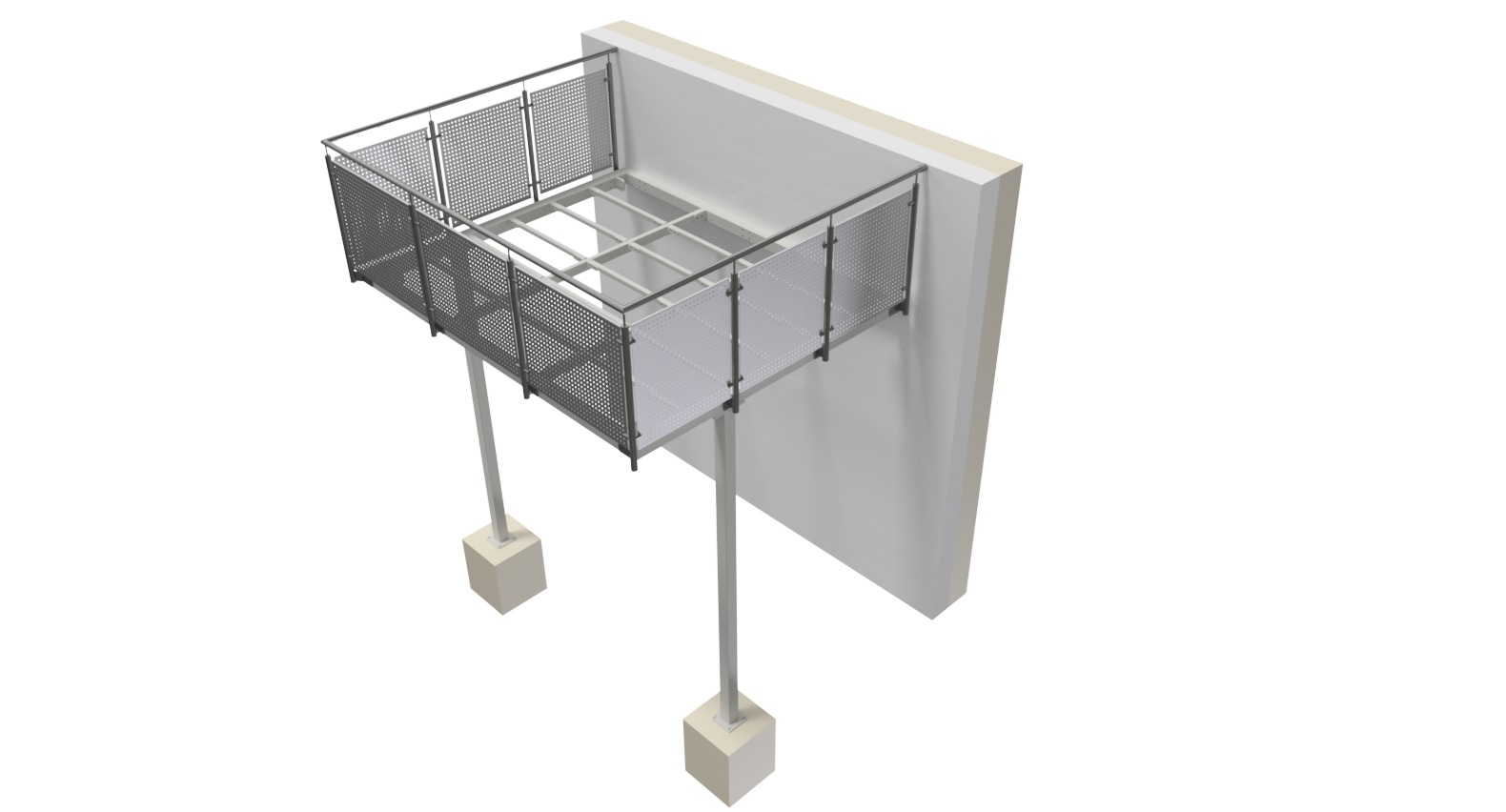 Wizualizacja balkonu z ażurową, metalową balustradą, wspartego na dwóch słupach, przymocowanego do białej ściany budynku.