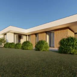 Wizualizacja parterowego domu modułowego z drewnianą elewacją i płaskim dachem, otoczonego zielenią.