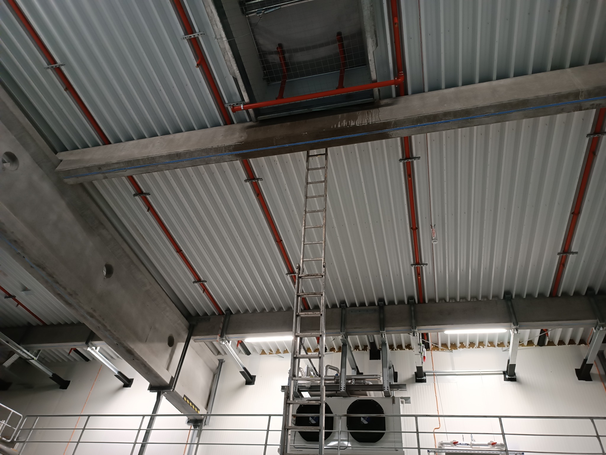 Wnętrze hali produkcyjnej z widoczną konstrukcją dachu z blachy trapezowej, betonowymi belkami, instalacjami przeciwpożarowymi w kolorze pomarańczowym oraz drabiną opartą o klimatyzator przemysłowy.