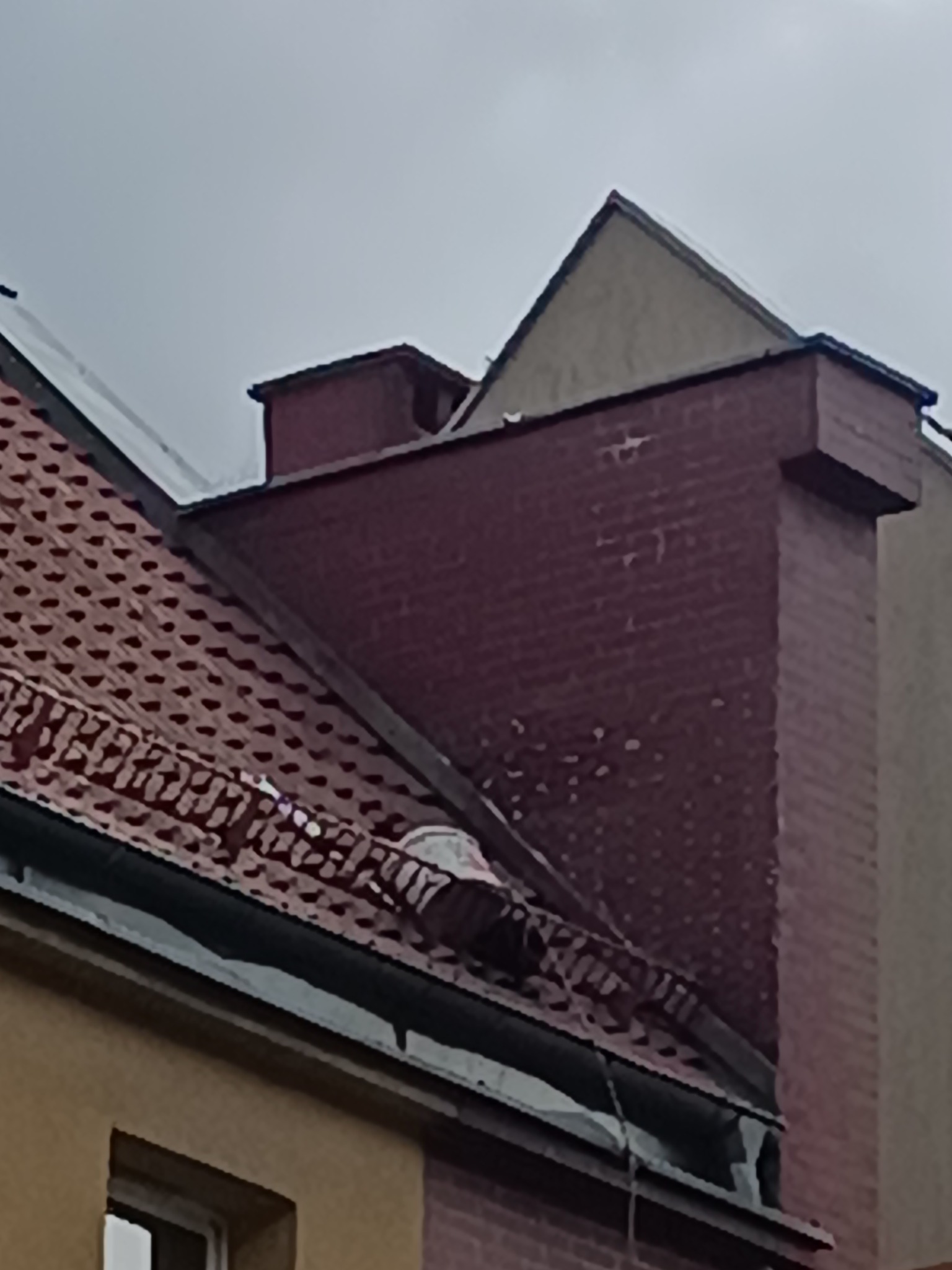 Widok z dołu na fragment dachu z czerwonej dachówki, z widocznym kominem z czerwonej cegły i rynną, na której leżą śmieci.