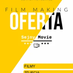 Grafika reklamowa firmy z Suwałk, oferującej usługi filmowe, fotograficzne i grafiki komputerowej. Żółto-biały plakat z nazwiskami Maciej Fasczewski i Oliwier Koncewicz, hasłem 'Film Making Oferta'...
