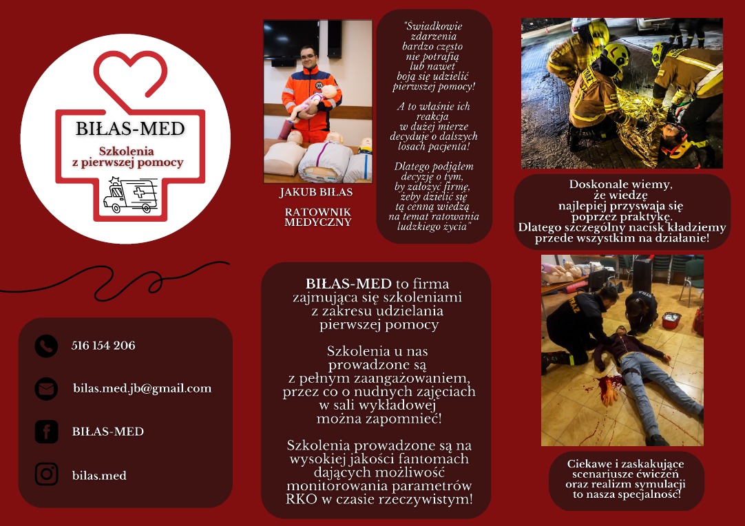 Ulotka reklamowa firmy Biłas-Med oferującej szkolenia z pierwszej pomocy, prezentująca instruktora z manekinem dziecka, ratowników udzielających pomocy poszkodowanemu oraz symulację wypadku...