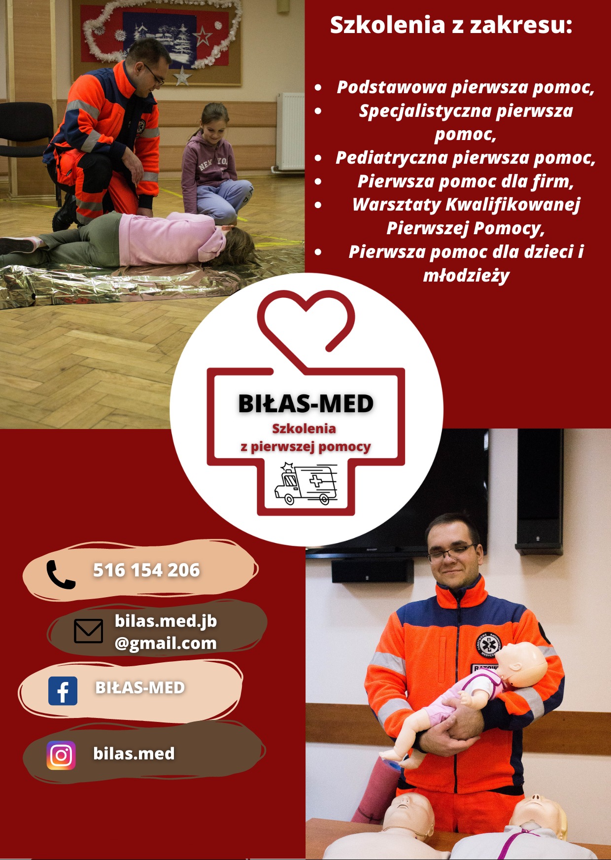 Instruktor w uniformie demonstruje resuscytację na manekinie niemowlęcym, obok leży osoba na kocu termicznym, a dziewczynka obserwuje ćwiczenie.