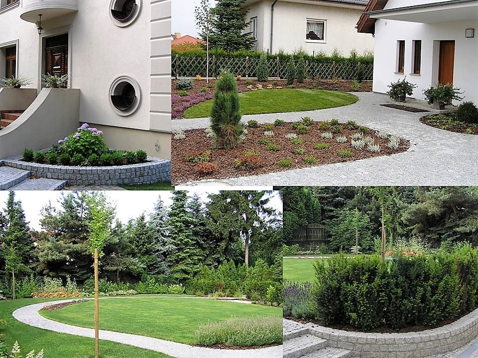 Kompozycja kolażu prezentująca różnorodne aranżacje ogrodowe: rabaty kwiatowe z obrzeżami z kostki, ścieżki żwirowe, trawniki z nasadzeniami iglaków, formowane krzewy i elementy architektury...