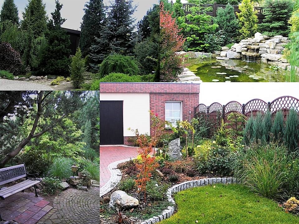 Kompozycja kolażu przedstawiająca zróżnicowane aranżacje ogrodowe: formalny ogród z regularnymi nasadzeniami, naturalny krajobraz z oczkiem wodnym i kaskadą, oraz wypielęgnowany ogród z ławką...