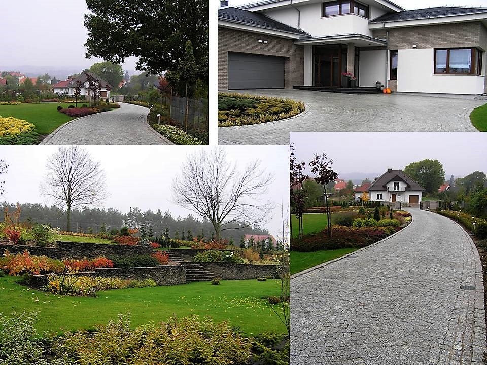 Kompozycja czterech zdjęć: kręta droga z kostki brukowej prowadząca do domu, nowoczesny dom z podjazdem z kostki, kaskadowy ogród z kamiennymi murkami i rabatami, oraz kolejna droga z kostki...