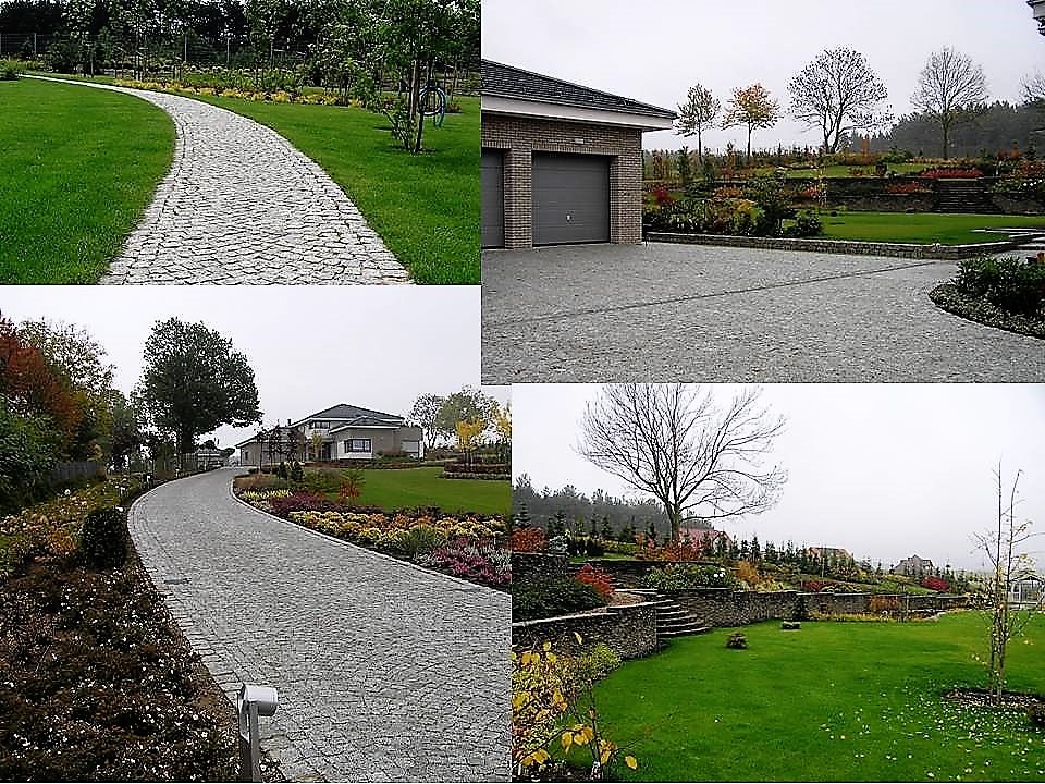 Kompozycja czterech ujęć: kręta ścieżka z jasnoszarej kostki brukowej przez trawnik, podjazd z kostki brukowej prowadzący do garażu, ścieżka z kostki brukowej z rabatami kwiatowymi i domem w tle...