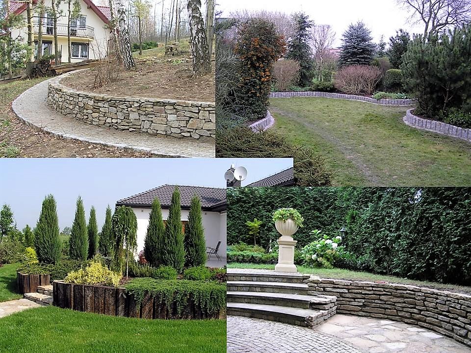 Kompozycja czterech ujęć ogrodu: kamienny murek oddzielający ścieżkę od trawnika, betonowe obrzeża rabat, rabata z drewnianymi palisadami i iglakami, schody z kamienną balustradą i urną z kwiatami.