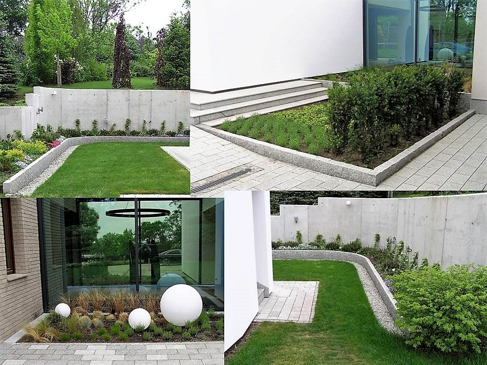 Kompozycja czterech ujęć ogrodu: trawnik z obrzeżem z jasnego kamienia, ścieżka z kostki brukowej z kamiennym obrzeżem i rabatą, nowoczesna elewacja z dużym oknem i kulistymi lampami, oraz betonowy...