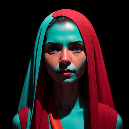 Portret kobiety z czerwoną i turkusową tkaniną na głowie, skóra w odcieniach turkusu, ciemne tło.