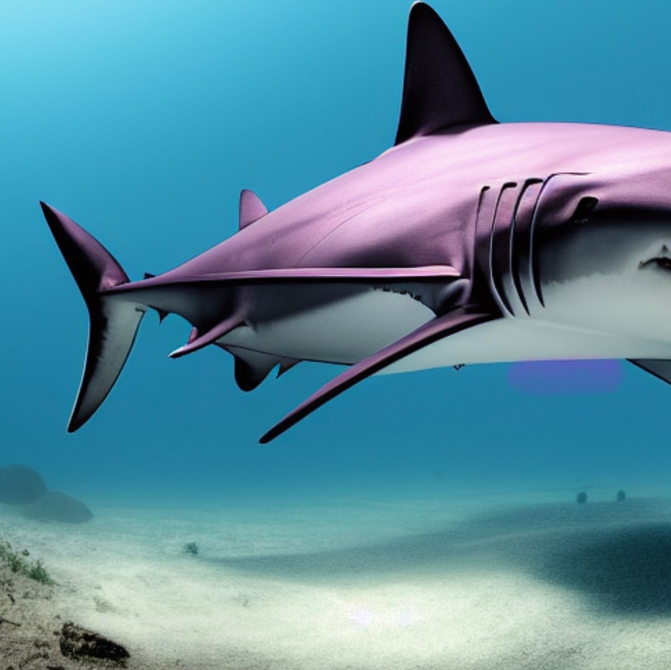 Purpurowy rekin płynący nad piaszczystym dnem morskim w błękitnej wodzie, widoczne skały i roślinność w tle.