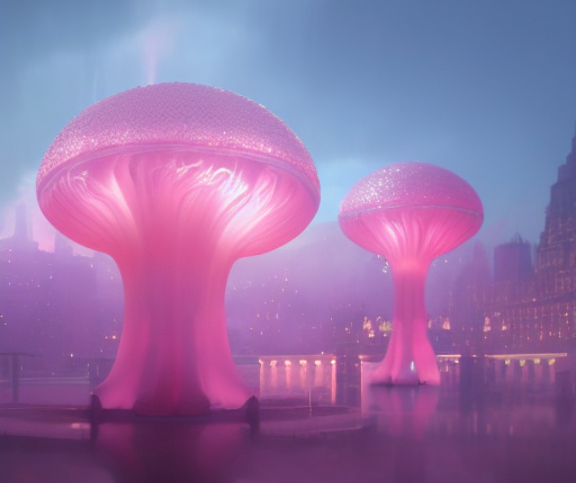 Dwa duże, świecące na różowo obiekty w kształcie grzybów, z teksturowanymi kapeluszami, ustawione nad wodą z budynkami w tle.