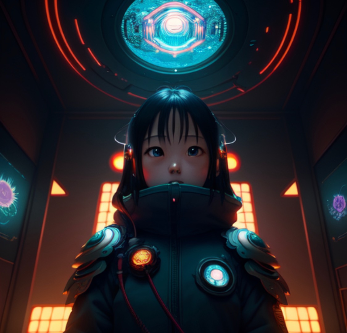 Stylizowana postać dziewczyny w futurystycznym kombinezonie z elementami cyberpunku, w otoczeniu neonowych świateł i ekranów w pomieszczeniu przypominającym kokpit statku kosmicznego.
