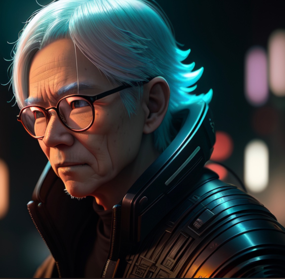 Portret starszego mężczyzny w okularach, z futurystyczną, metaliczną kurtką i turkusowymi włosami, na tle rozmytych świateł miejskich.