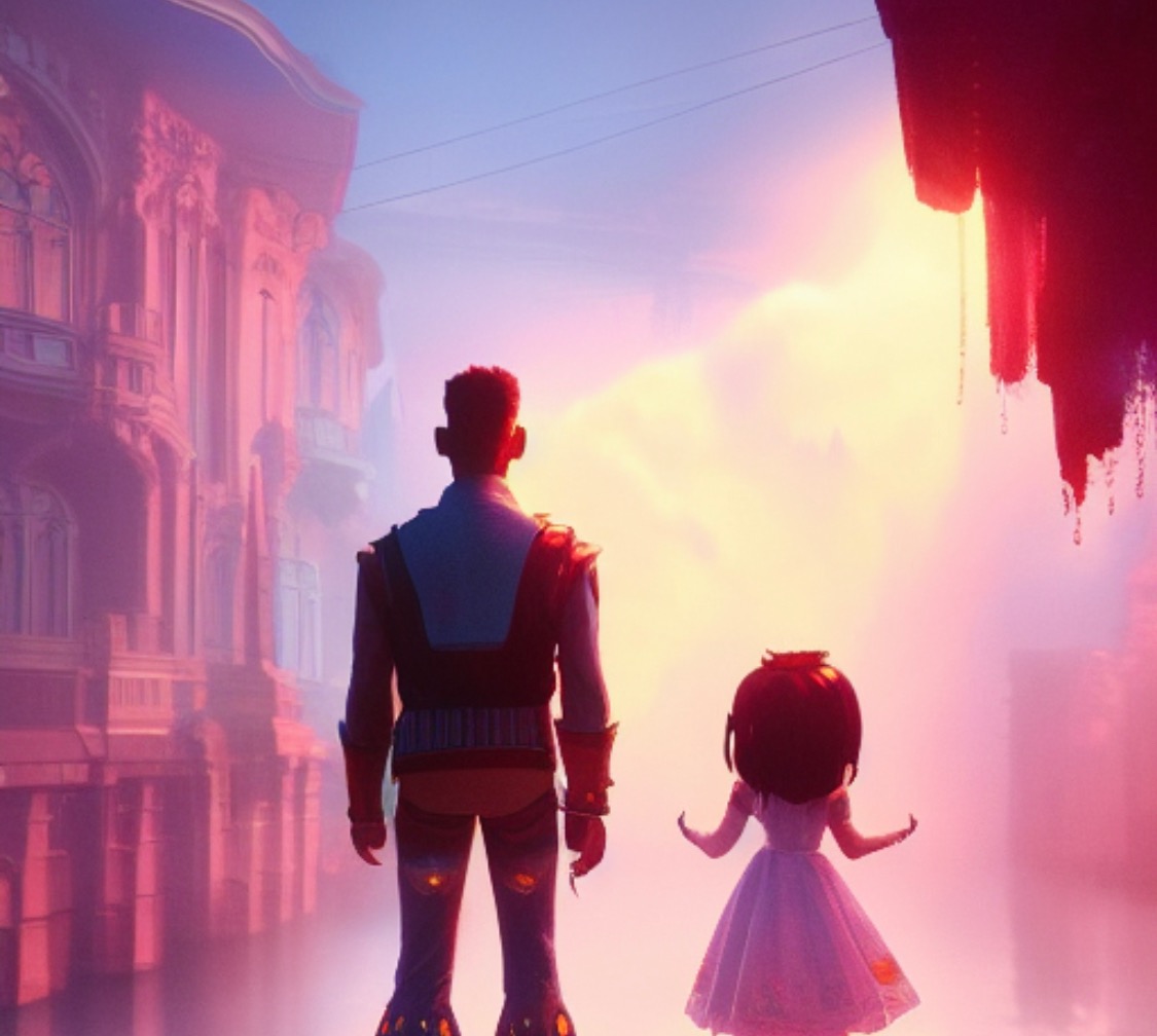 Kreskówkowa postać mężczyzny w futurystycznym stroju i dziewczynki w sukience stojące na tle rozświetlonego, fantastycznego miasta w odcieniach różu i fioletu.