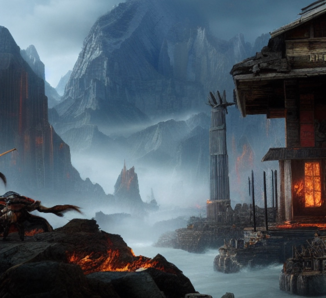 Fantasy landscape with a dilapidated wooden structure, a stone pillar, and distant mountains shrouded in mist, evoking a sense of ancient ruins and adventure.