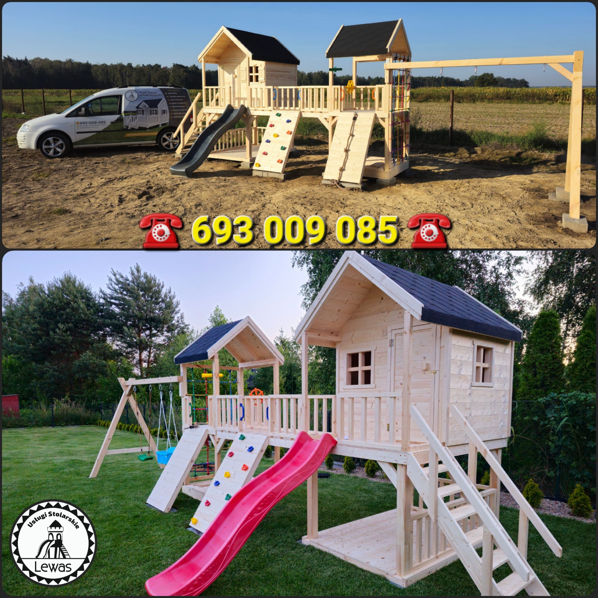 Drewniany plac zabaw z domkami, zjeżdżalniami i ścianką wspinaczkową, prezentowany w dwóch różnych lokalizacjach: na trawniku i na placu budowy, z numerem telefonu kontaktowego.