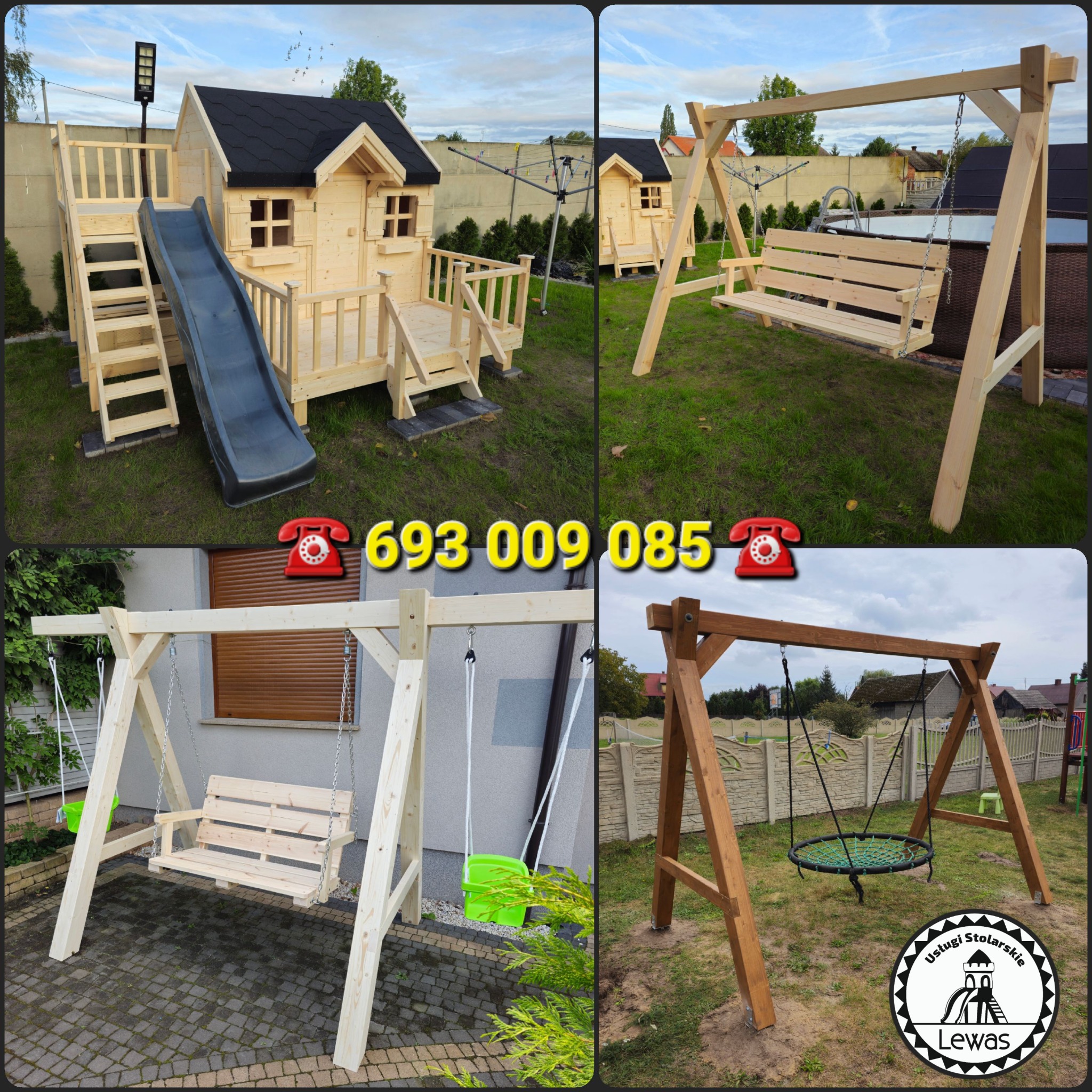 Kompilacja zdjęć drewnianych konstrukcji: domek ze zjeżdżalnią, huśtawki jednoosobowe i ławkowe, z numerem telefonu i logo firmy stolarskiej.