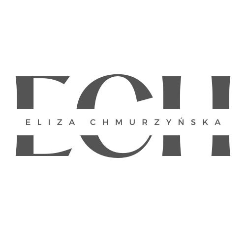 Minimalistyczne logo w odcieniach szarości z imieniem i nazwiskiem 'Eliza Chmurzyńska' wkomponowanym w graficzny znak.