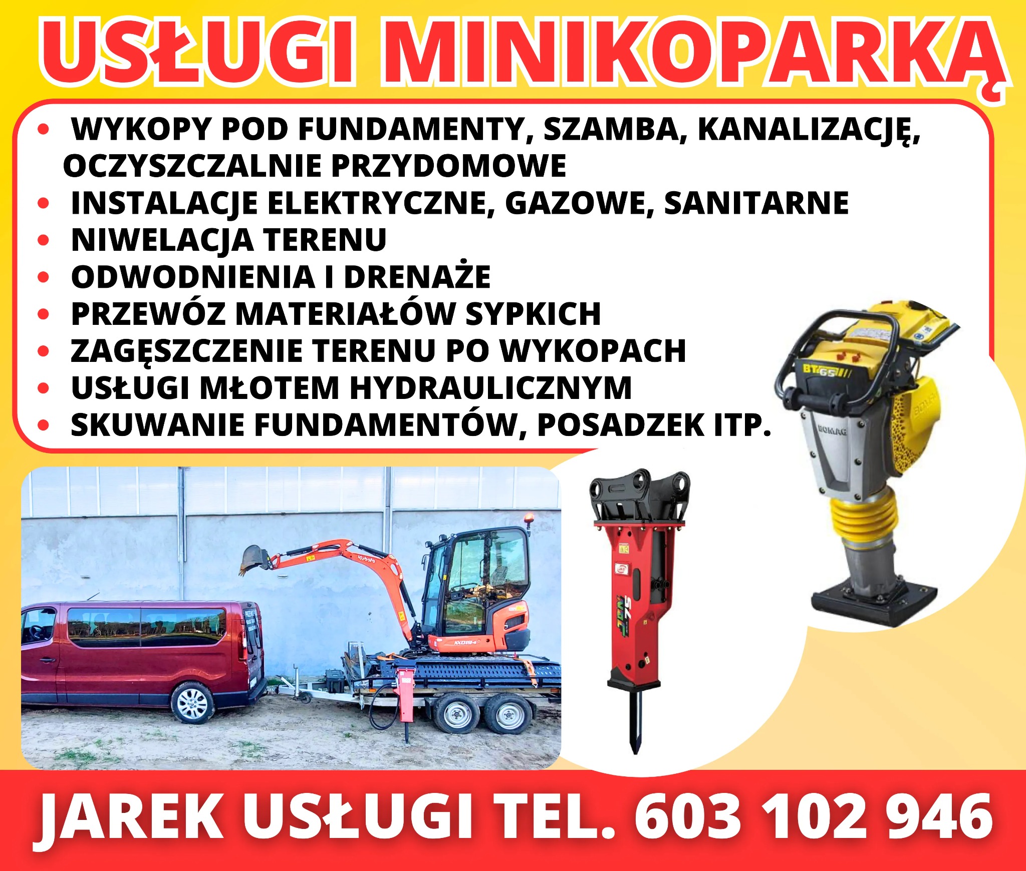 Grafika reklamowa usług minikoparką: pomarańczowa minikoparka Kubota na lawecie za czerwonym busem, młot hydrauliczny i ubijak wibracyjny na białym tle z listą usług.