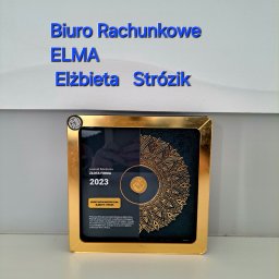 BIURO RACHUNKOWE ELMA ELŻBIETA STRÓZIK - Tablica z informacją o nagrodzie 'Złota Firma 2023' dla Biura Rachunkowego ELMA Elżbieta Strózik, umieszczona na jasnej ścianie.