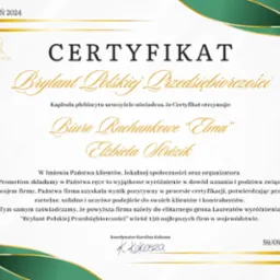 Certyfikat 'Brylant Polskiej Przedsiębiorczości' dla Biura Rachunkowego 'Elma' Elżbiety Strózik, wydany we wrześniu 2024 roku, z podpisem koordynatora Karoliny Kokoszy.
