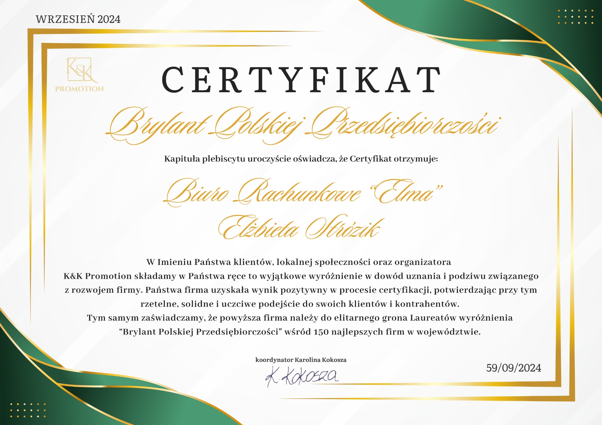 Certyfikat 'Brylant Polskiej Przedsiębiorczości' dla Biura Rachunkowego 'Elma' Elżbiety Strózik, wydany we wrześniu 2024 roku, z podpisem koordynatora Karoliny Kokoszy.