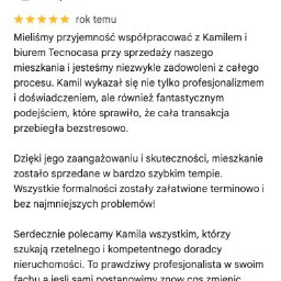 Agencja Nieruchomości Przedmieście Oławskie - Pozytywna opinia klienta 'Pat' o Kamilu z Tecnocasa za sprzedaż mieszkania. Tekst rekomenduje doradcę nieruchomości za profesjonalizm i skuteczne załatwienie formalności.