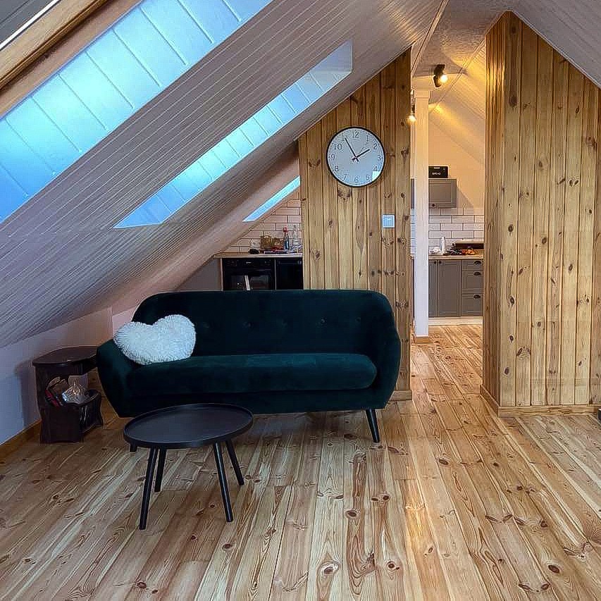 Przytulne poddasze z drewnianą boazerią, zieloną sofą i oknami dachowymi, widok na kuchnię w tle.