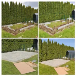 Cztery ujęcia z budowy tarasu: widok na wykop z obrzeżami, wyr&oacute;wnywanie terenu i ułożona nawierzchnia z kostki na tle szpaleru tuj.