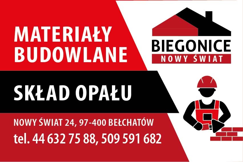Grafika reklamowa składu materiałów budowlanych i opału 'Biegonice Nowy Świat', z ikoną murarza w kasku i z kielnią układającego cegły, na czerwono-biało-czarnym tle, zawierająca adres i numery...
