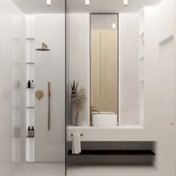 Minimalistyczna łazienka w odcieniach bieli z akcentami złota, obejmująca przeszkloną kabinę prysznicową z deszczownicą, umywalkę nablatową oraz lustro w czarnej ramie, oświetlona punktowymi...