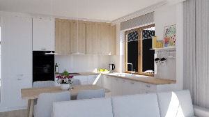 Wizualizacja nowoczesnej kuchni w jasnych barwach z drewnianym blatem, białymi szafkami i czarnym piekarnikiem. Widoczne minimalistyczne krzesła i stół, a w tle okno z roletami i dekoracjami na półce.