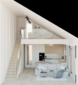 Wizualizacja wnętrza dwupoziomowego mieszkania w stylu skandynawskim z antresolą, białymi ścianami z panelami, drewnianymi schodami i jasną podłogą. Na górnym poziomie widoczna kuchnia z białymi...