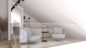 Wizualizacja poddasza ze szklaną balustradą, dwoma fotelami w odcieniach szarości, małym stolikiem i dywanem. Układ oświetlenia sufitowego z czarnymi reflektorami.