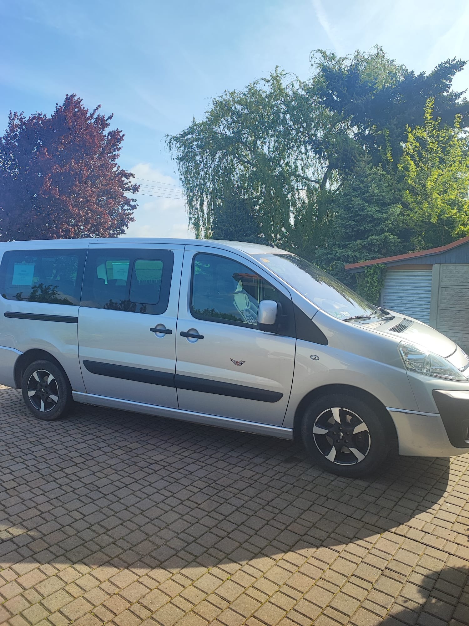Srebrny van na brukowanym podjeździe, z widocznym logo na przednim błotniku i zielonymi drzewami w tle.