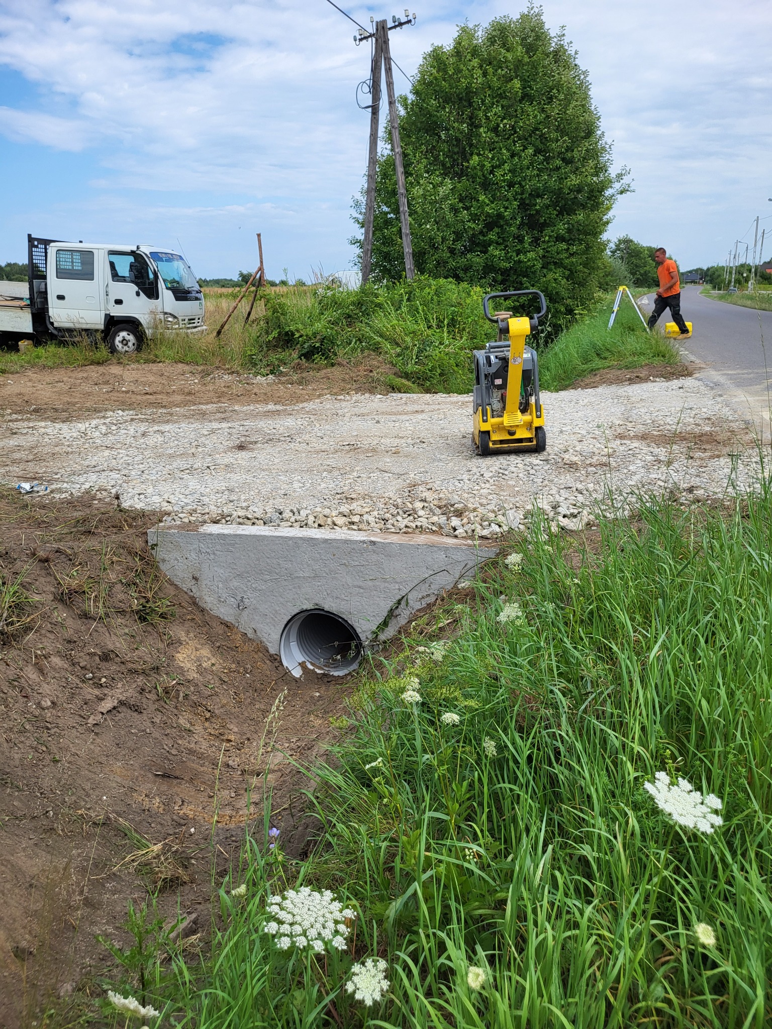Wykorytowanie,wstawienie rury zasypanie piaskiem,zagęszczanie zasypanie klincem zagęszczanie i mostek gotowy.