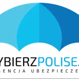 Logo agencji ubezpieczeniowej WybierzPolise.pl z grafiką parasola w odcieniach niebieskiego.