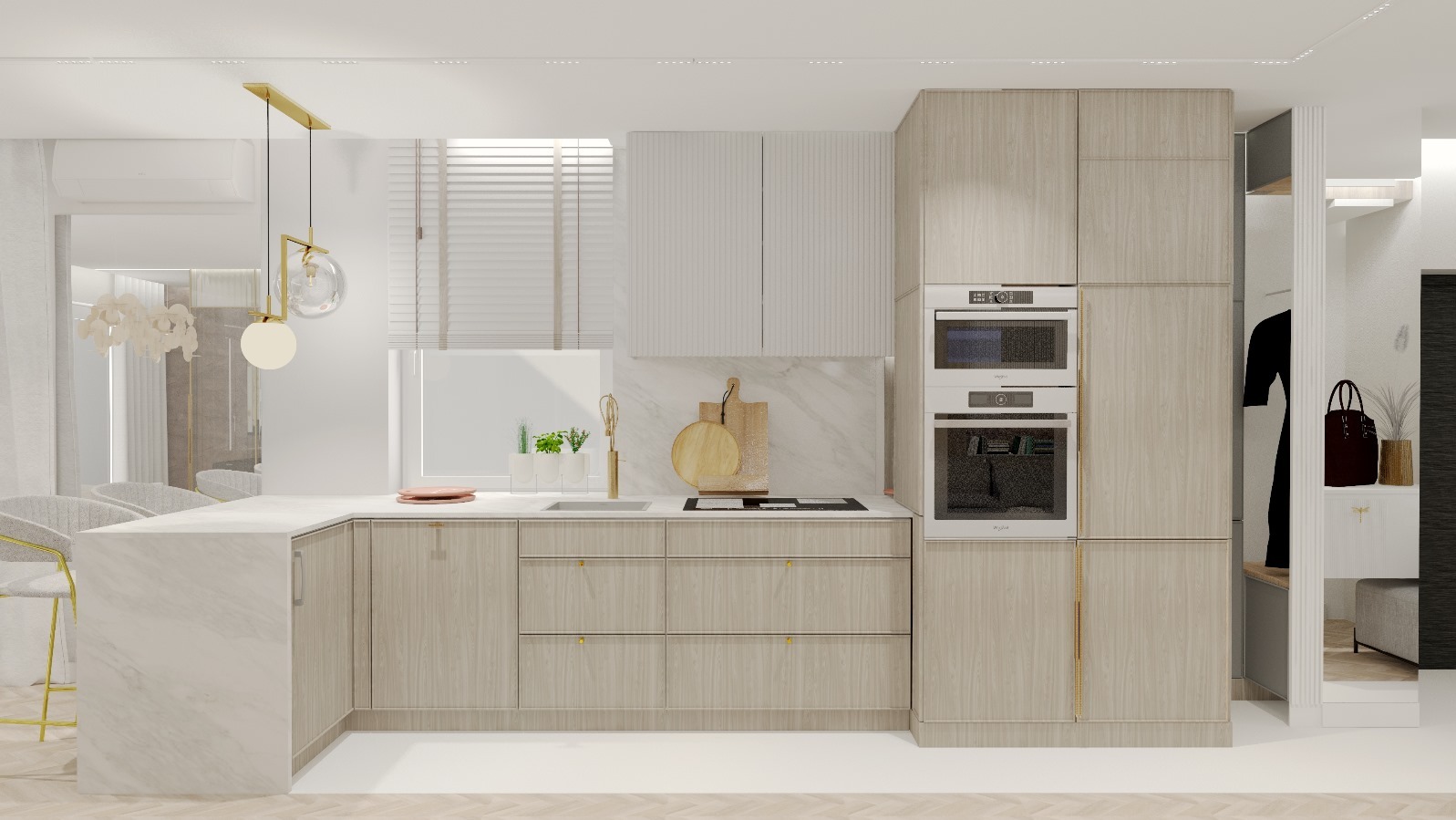 Wizualizacja kuchni z jasnymi drewnianymi szafkami, marmurowym blatem i złotymi akcentami, widok na przedpokój z wieszakiem i lustrem.