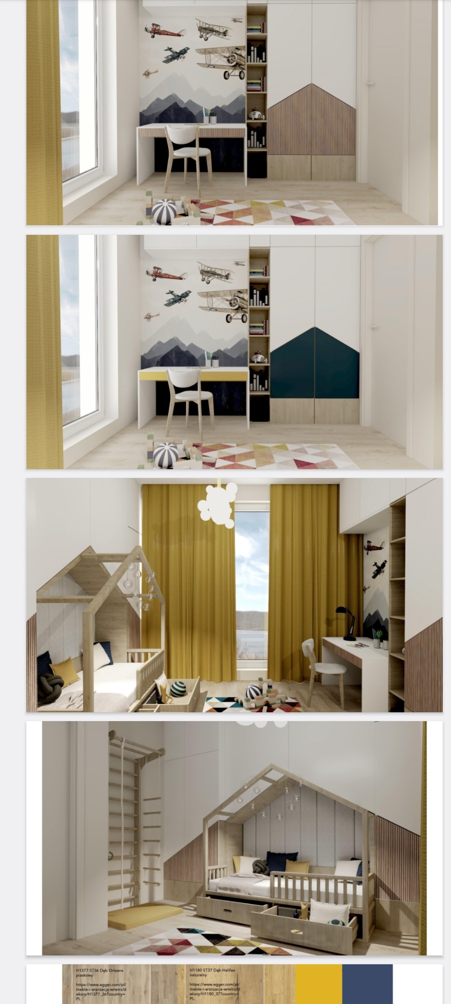 Wizualizacja pokoju dziecięcego z biurkiem, regałem, łóżkiem w kształcie domku, drabinką gimnastyczną i dywanem w geometryczne wzory. Na ścianie naklejki z motywem samolotów i gór.