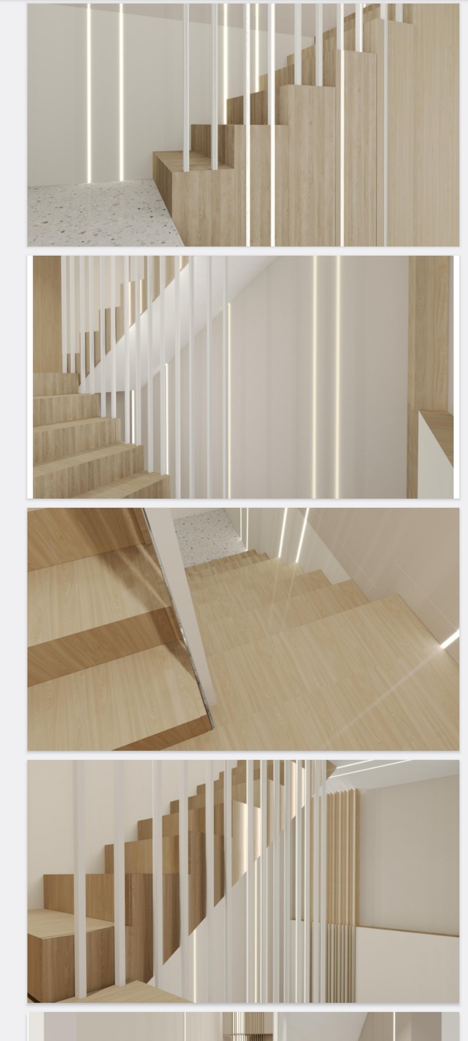 Wizualizacja schodów z drewnianymi stopniami i białymi pionowymi balustradami, oświetlonych pionowymi liniami światła w ścianie, z podłogą wyłożoną terazzo.