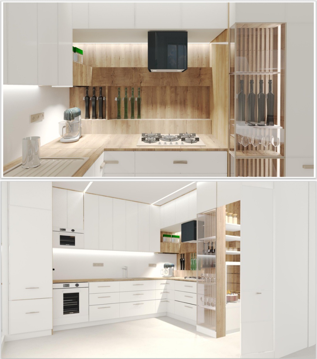 Nowoczesna, minimalistyczna kuchnia z białymi frontami, drewnianym blatem i panelem ściennym, czarnym okapem i przeszkloną witryną na wino. Widoczny mikser stojący i butelki z olejem. Ujęcie...