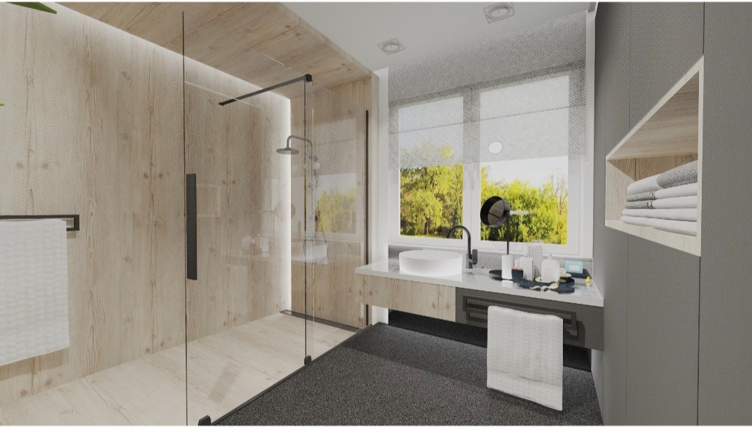 Nowoczesna łazienka z kabiną prysznicową typu walk-in, drewnianymi panelami na ścianach, okrągłą umywalką nablatową i szarą szafką z półką na ręczniki.