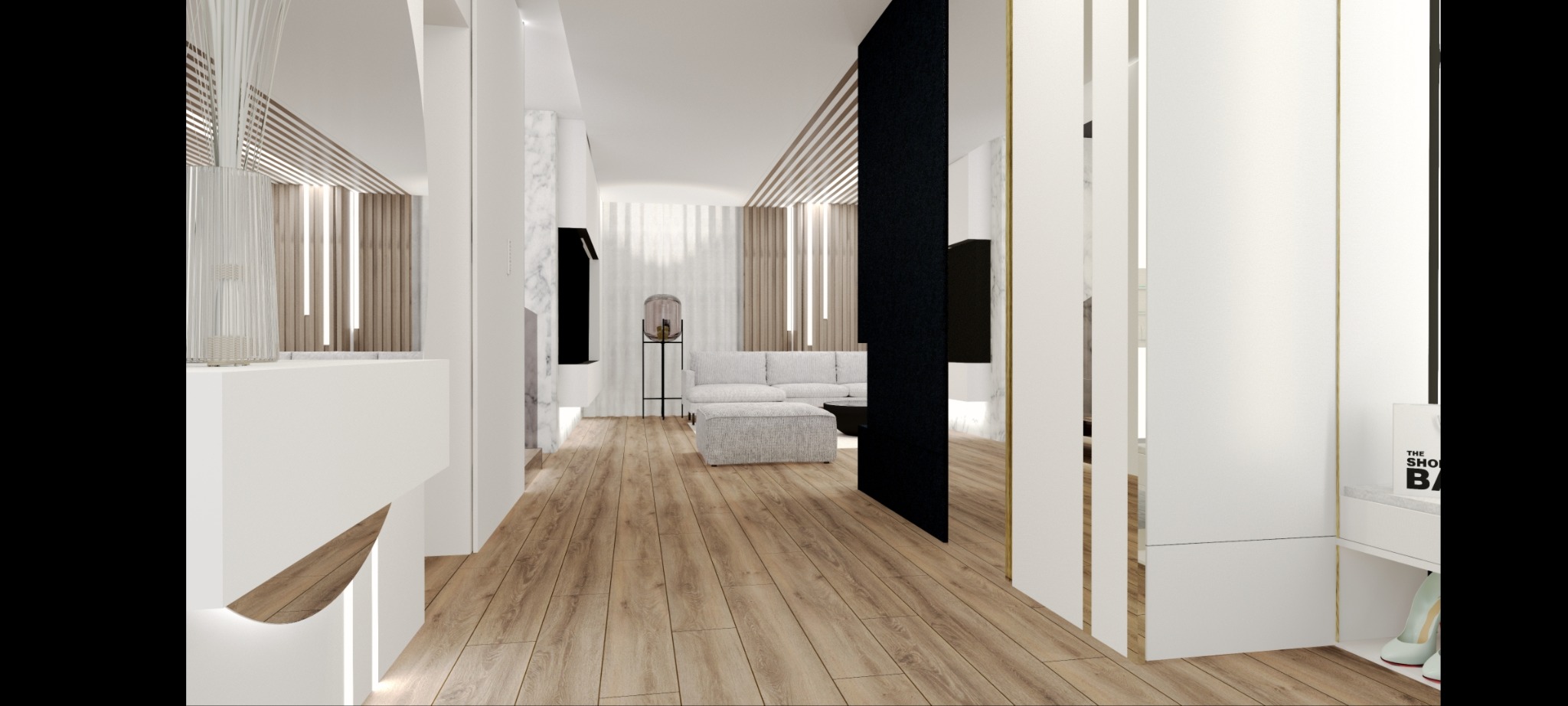 Wnętrze nowoczesnego mieszkania z drewnianą podłogą, białymi meblami i elementami dekoracyjnymi w odcieniach bieli, szarości i czerni. Widoczny salon z sofą i stolikiem kawowym oraz przedpokój...