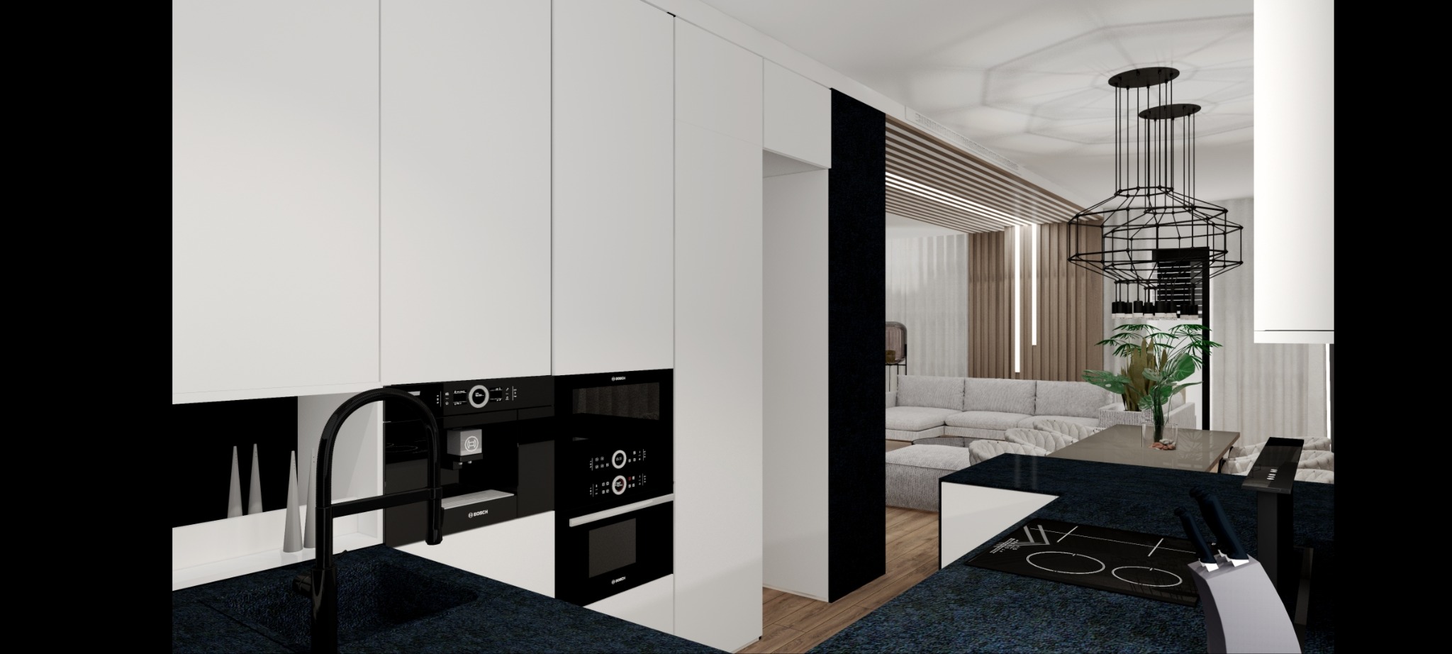 Wizualizacja nowoczesnej kuchni z białymi szafkami, zabudowanymi urządzeniami marki Bosch, czarnym blatem z płytą indukcyjną i czarną armaturą, z widokiem na salon z szarą sofą narożną...