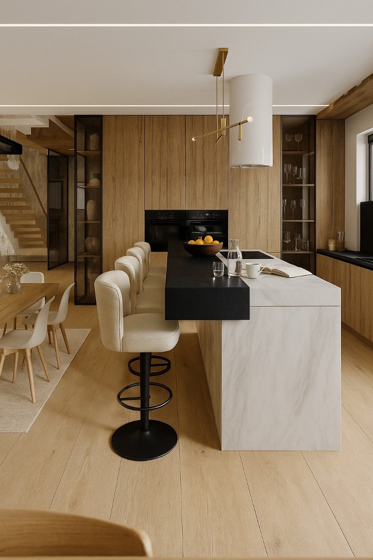 Nowoczesna kuchnia z wyspą i hokerami, drewniane szafki, minimalistyczna lampa. Widok na jadalnię i schody. Jasne, naturalne światło.
