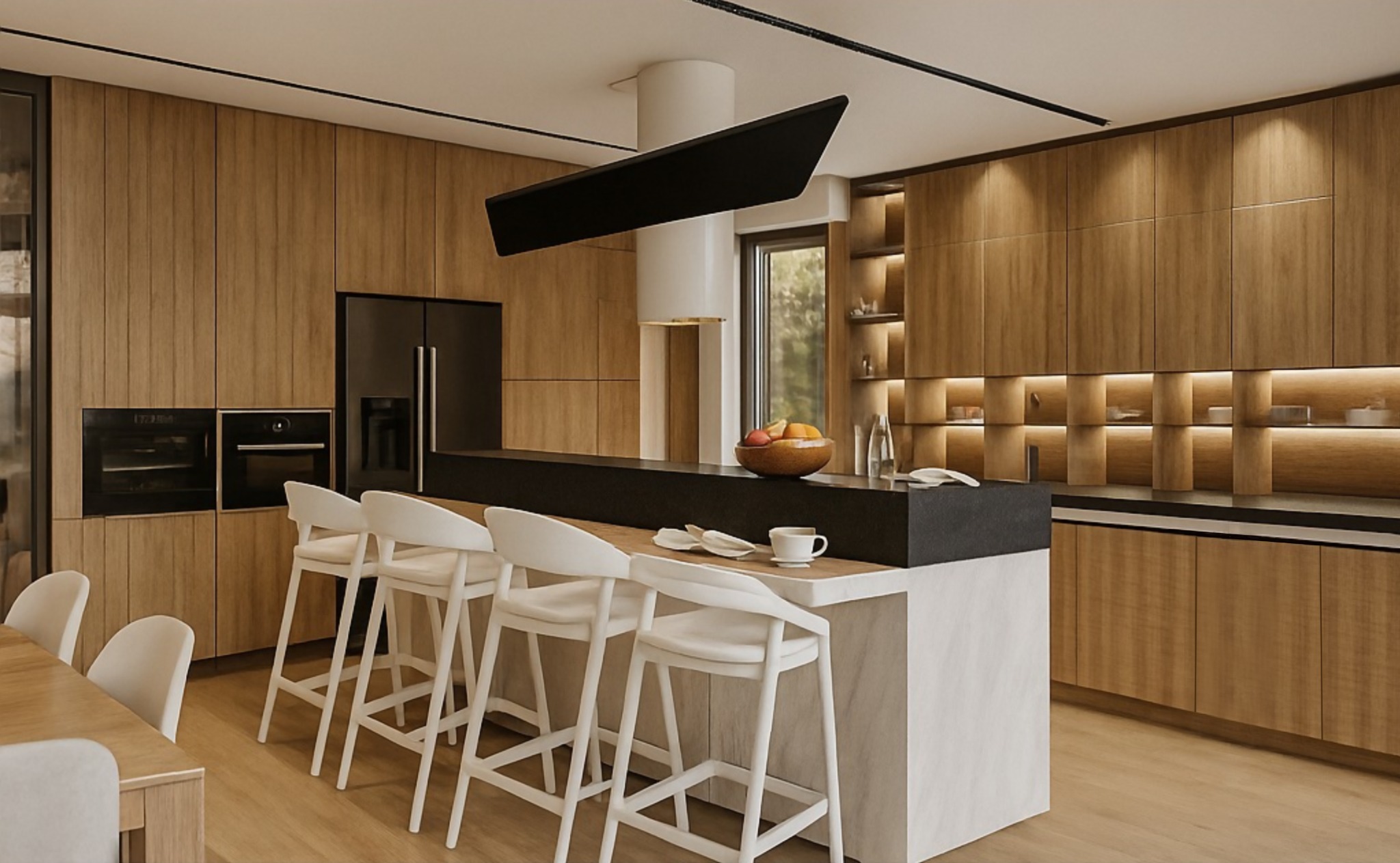 Nowoczesna kuchnia z drewnianymi szafkami, czarnym blatem i białymi hokerami. Minimalistyczny design z oświetleniem LED i nietypowym okapem.