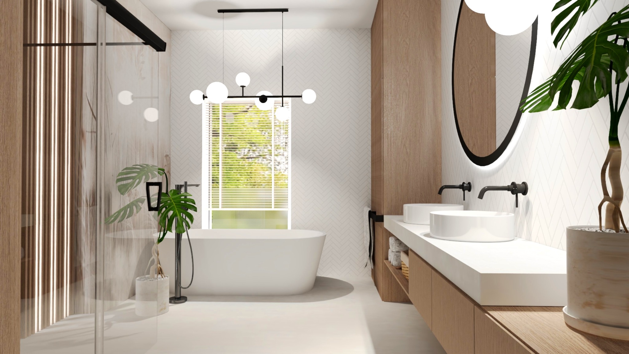 Nowoczesna łazienka z wolnostojącą wanną, podwójną umywalką i oświetleniem kulistym. Jasne drewno i białe płytki w jodełkę tworzą minimalistyczny, elegancki wystrój.