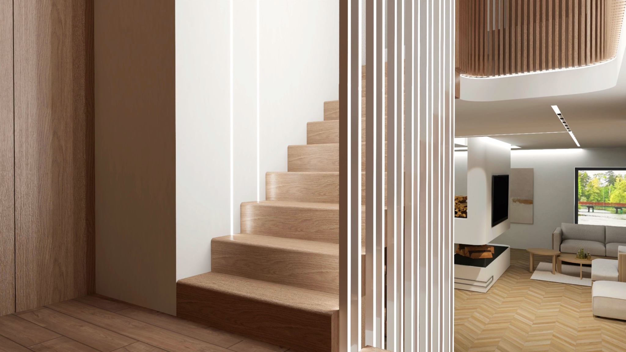 Nowoczesne schody z drewna w jasnym wnętrzu, widok na salon z kominkiem i parkietem w jodełkę. Minimalistyczny design, oświetlenie LED.