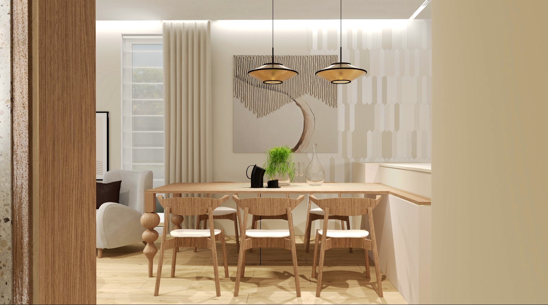 Jasna jadalnia w neutralnych barwach: drewniany stół z krzesłami, minimalistyczne lampy wiszące, dekoracyjna grafika na ścianie i subtelne oświetlenie.